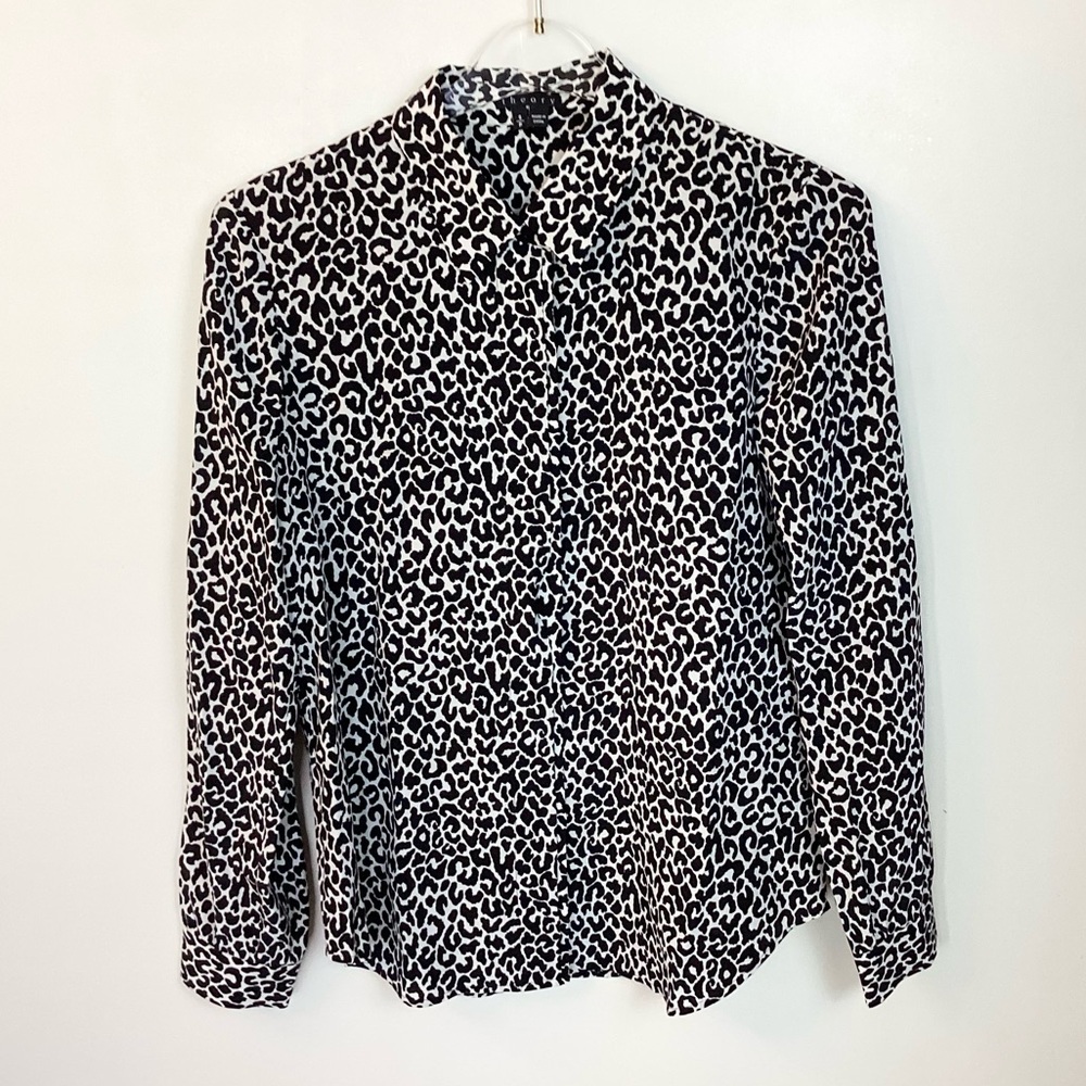 Theory Andrea Long Sleeve Cheetah Print Silk Button Up Blouse - Black/White - S